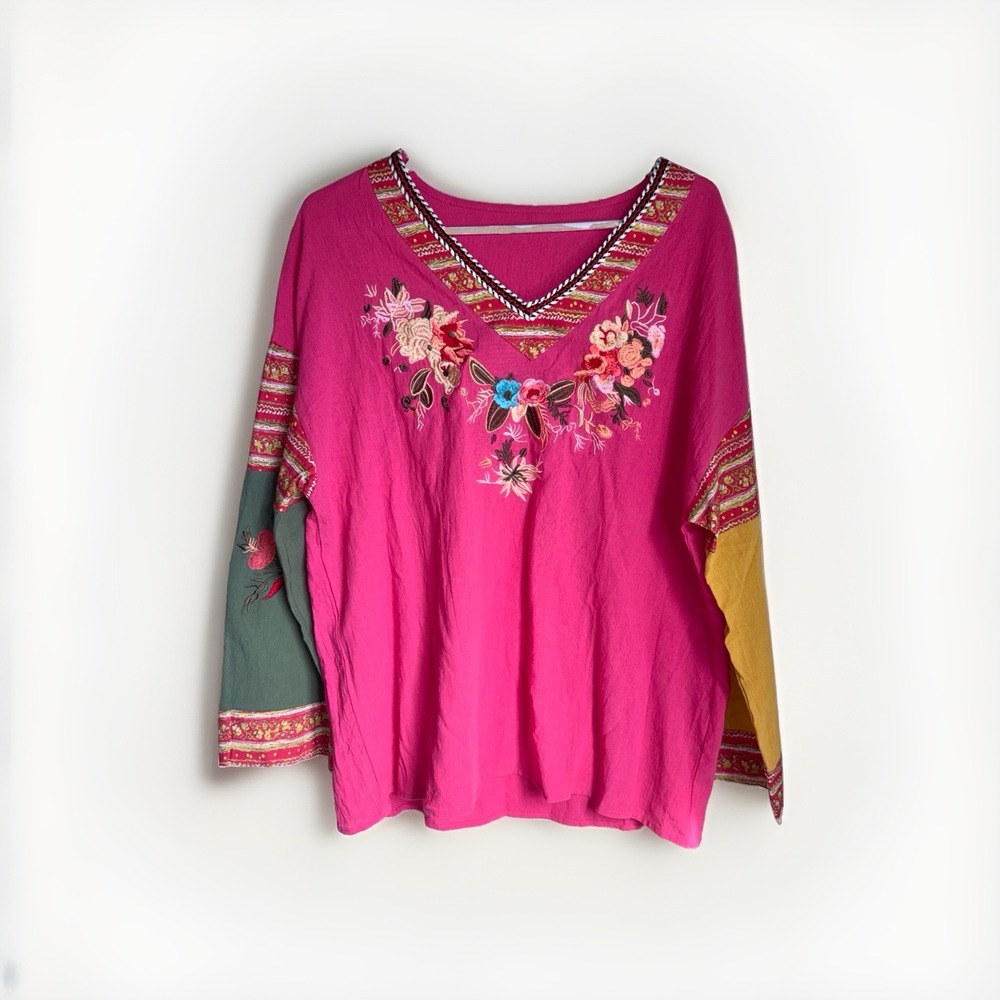 Women's Patchwork Embroidered Floral Bohemian Tunic 100% Cotton Size L